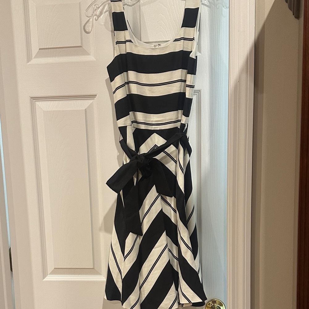 Ann Taylor Black & White Striped Tie-Waist Midi Dress
